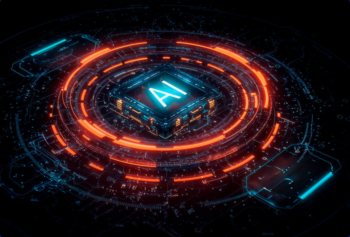 Circuit board with AI on a chip in the center and circles around it suggesting guardrails