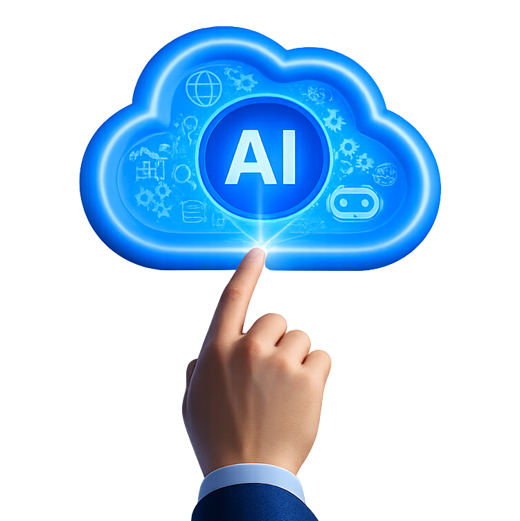Illustration of a human hand touching a cloud with AI icons in it and the letters AI in the middle