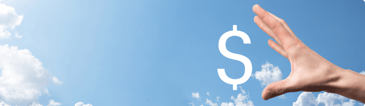 A hand reaching for a dollar sign with blue skies and clouds in the background representing cloud cost controls