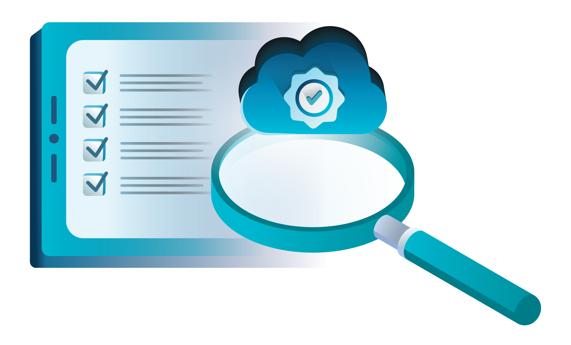 A magnifying glass hovering over a completed checklist with a cloud above it, symbolizing the detailed and comprehensive nature of the cloud audit service